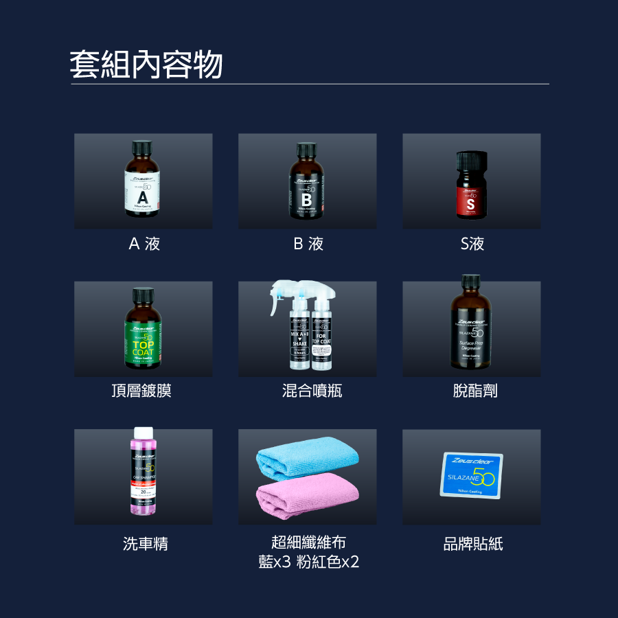 [雙層鍍膜 | 5 年時效 | 9H 硬度] 車用頂級陶瓷鍍膜 SILAZANE50 - 希麗讃50 雙層豪華全配套組